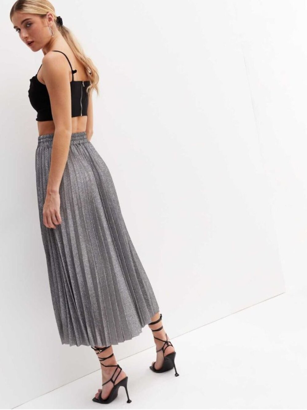 NWT Gray High Waist Knitted Long Midi Pleated Skirt